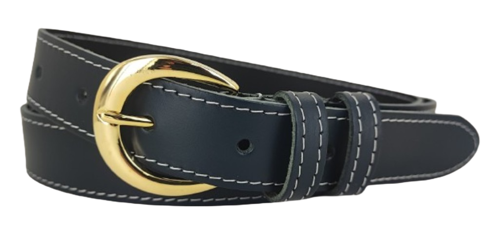 Dames Broekriem Gouden Gesp - Kleur: Navy - 100% Echt Leer